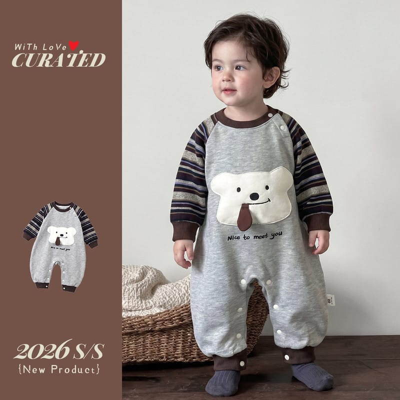 【BABY】ストライプ切替くまアップリケ長袖ロンパース