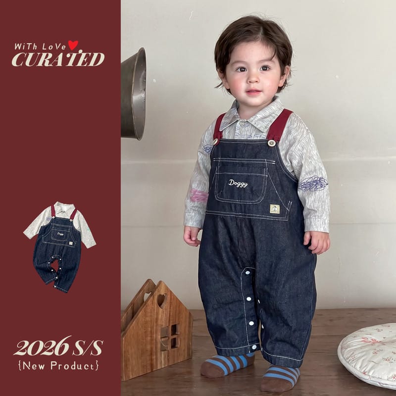 【セット】スケッチプリント長袖シャツデニムサロペットロンパースセット