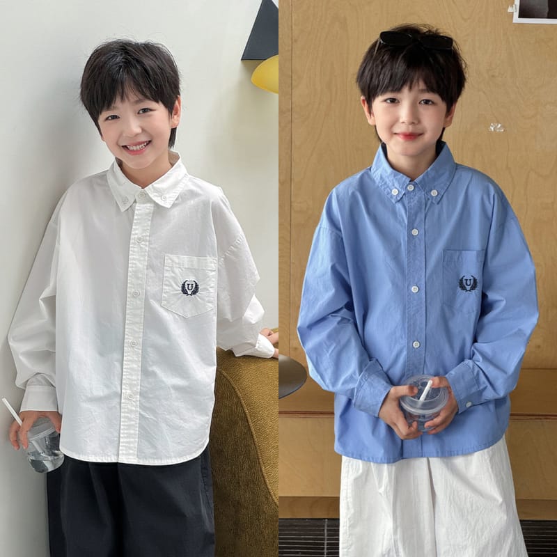 【KID】麦穂刺しゅうカレッジ風コットン長袖シャツ