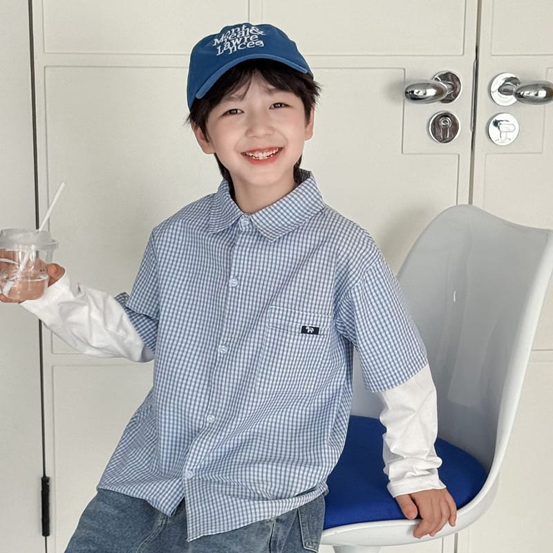 【KID】ブルーチェック小馬ワッペン重ね着風長袖シャツ