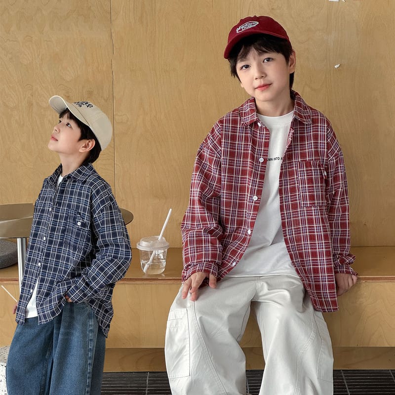 【KID】チェック柄長袖ポケットカジュアルシャツ