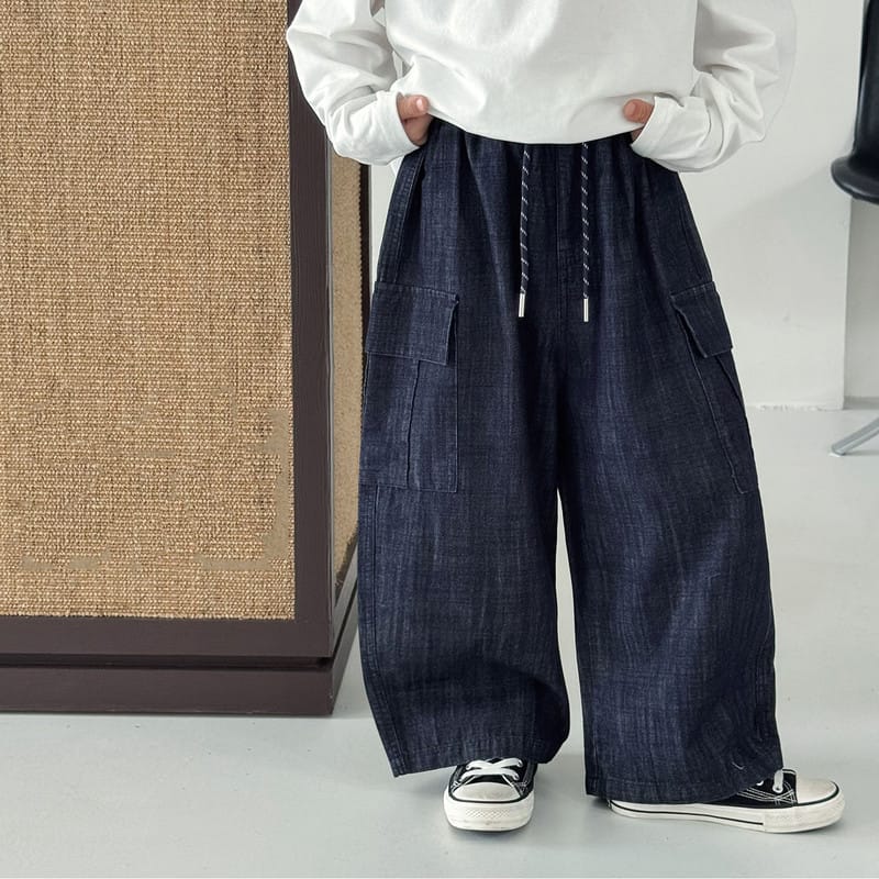 ウエスト紐サイドポケットワイドデニムパンツ