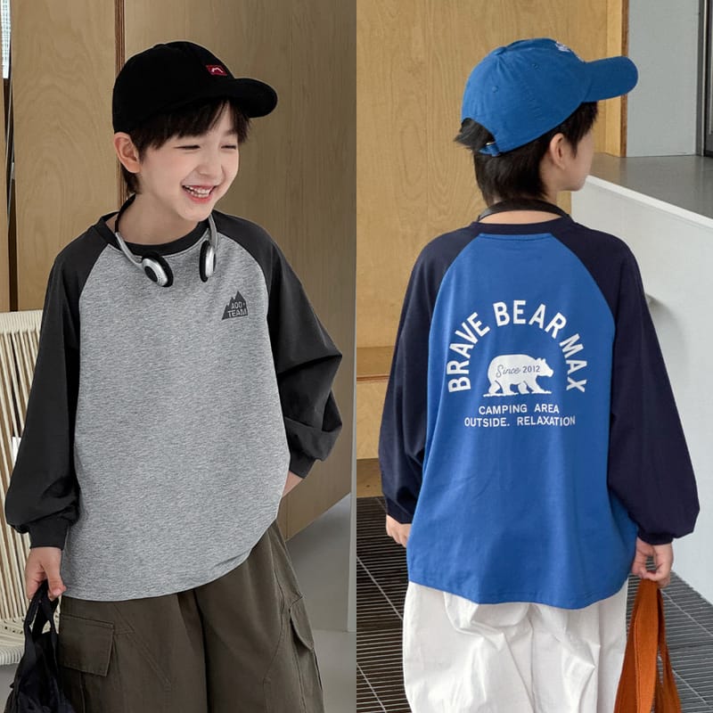 【KID】配色ラグランくまバックプリント長袖Tシャツ