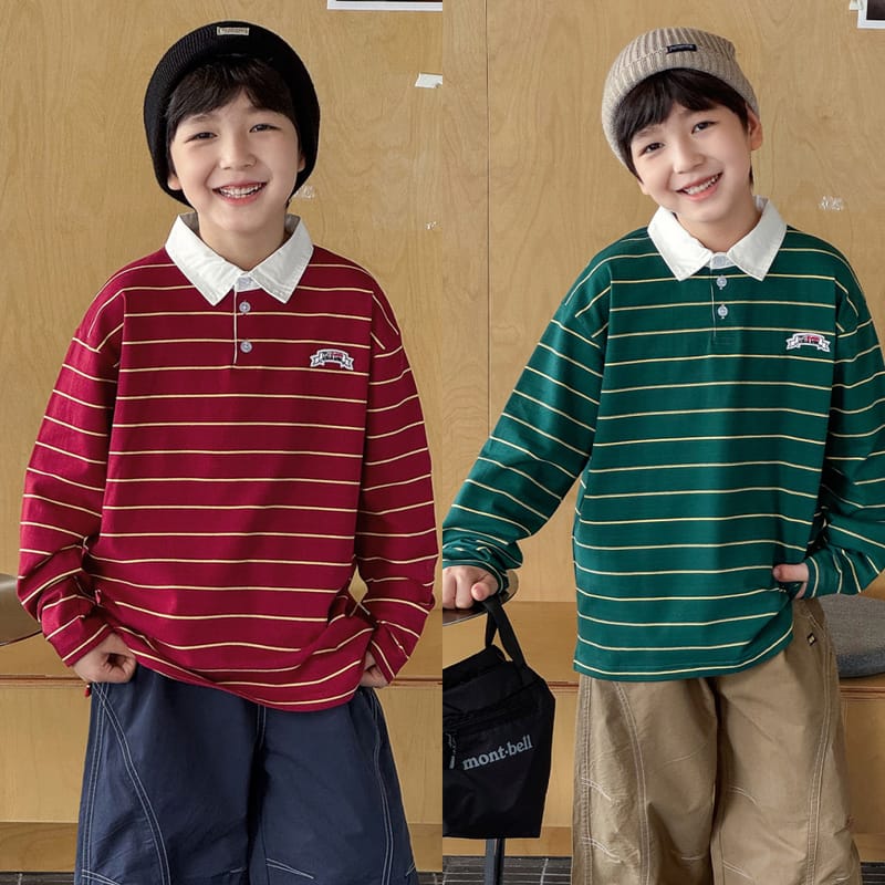 【KID】ジューシーストライプ襟付き長袖ポロシャツ