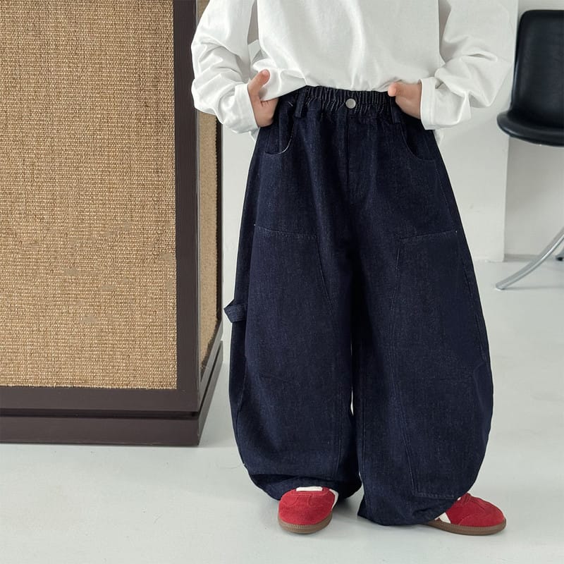 【KID】ステッチ切替ルーズワイドデニムパンツ
