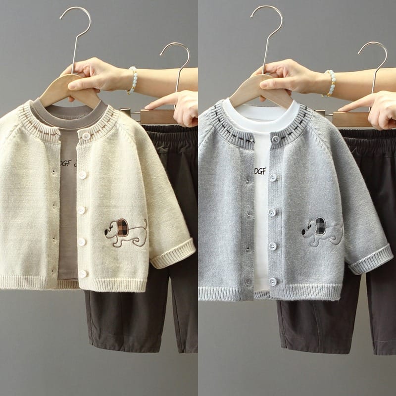 ドッグ刺繍カーディガンTシャツパンツ3点セット