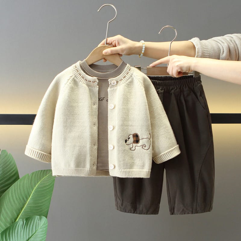 【セット】ドッグ刺繍カーディガンTシャツパンツ3点セット