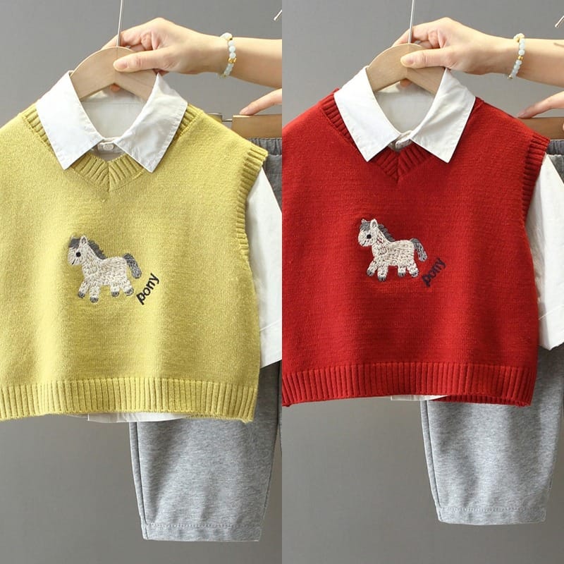 ポニー刺繍ニットベストシャツ長ズボンセットアップ