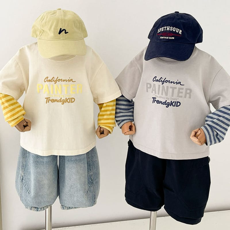 【KID】英字ロゴ袖ストライプ切替フェイクレイヤードTシャツ