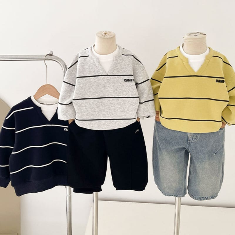【KID】ストライプVネックレイヤード風長袖トレーナー