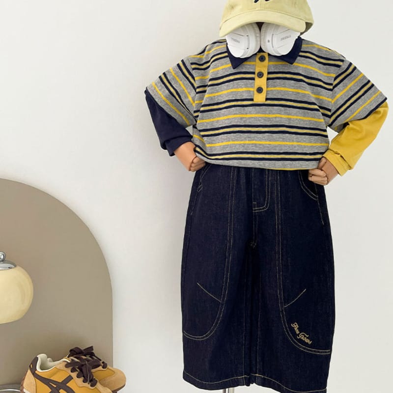 【KID】配色ステッチ英字刺しゅうデニムパンツ