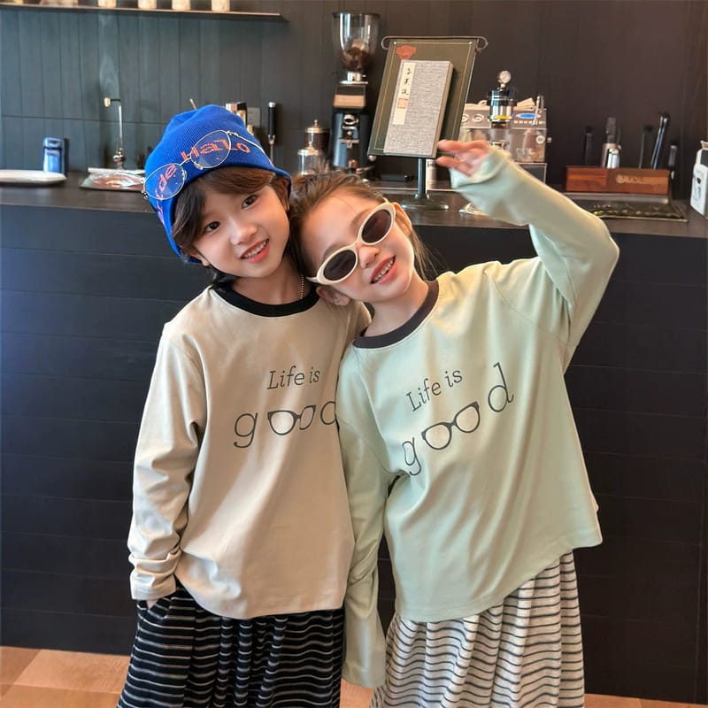 【KID】英字ロゴメガネプリント配色長袖Tシャツ