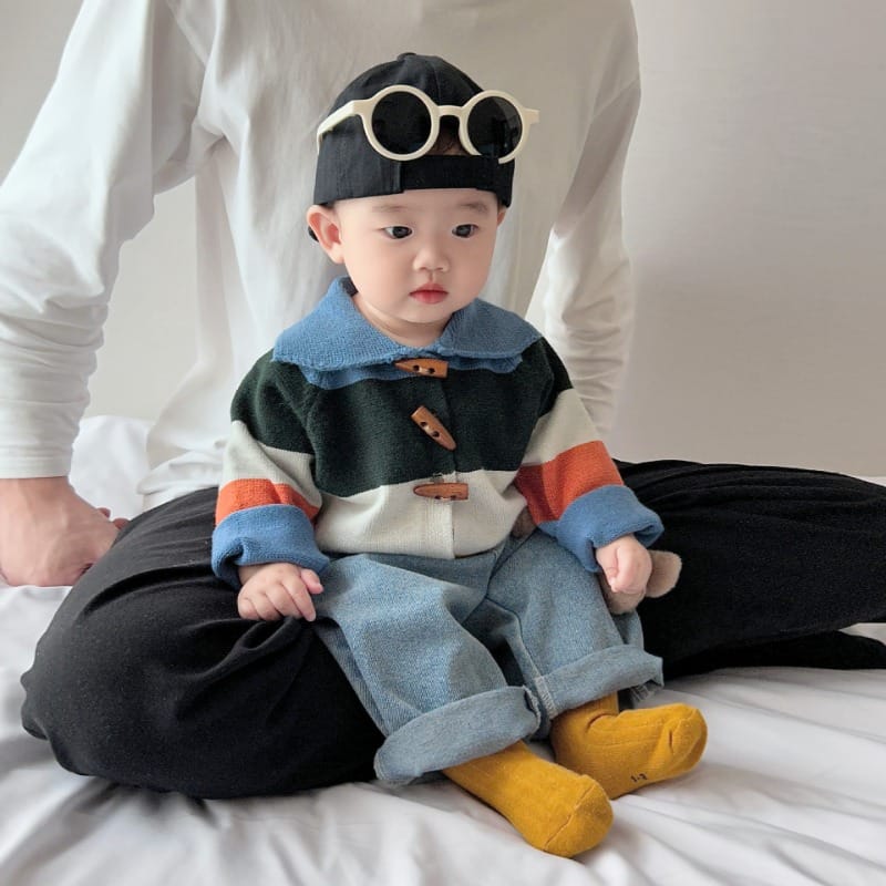 【BABY】配色ストライプ柄トグルボタンニットカーディガン