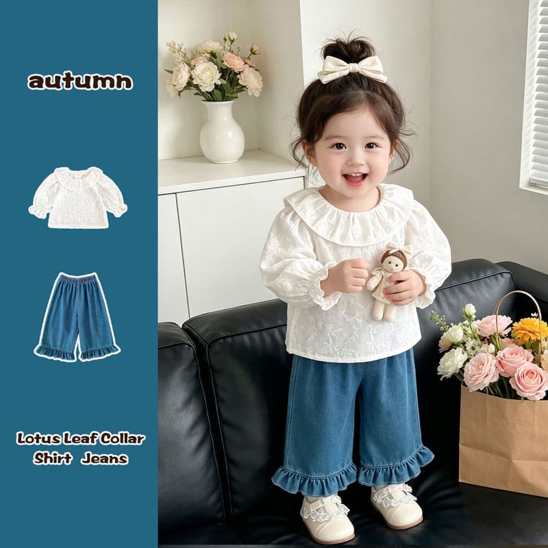 【姉妹服】刺繍襟ブラウス／裾フリルデニムパンツ