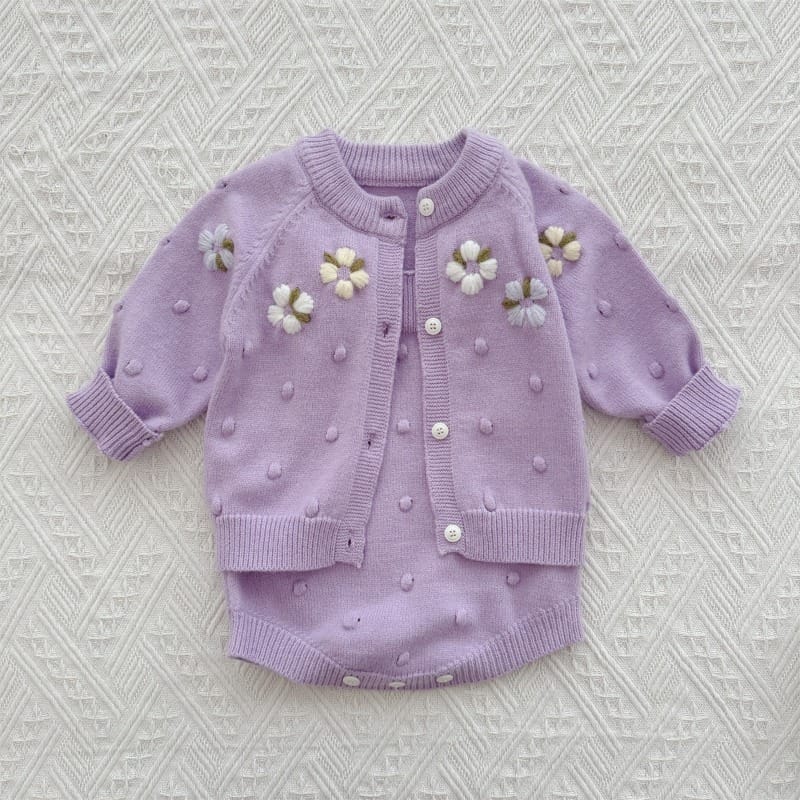 【セット】パンジーフラワー刺繍カーディガンサロペットロンパースセット