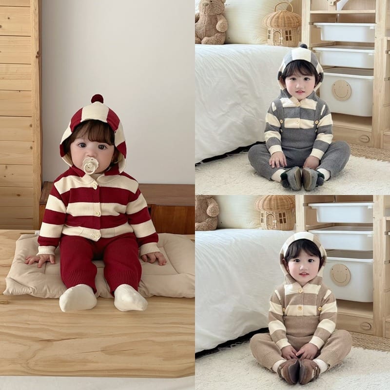 【セット】ストライプニットサロペットロンパースセット
