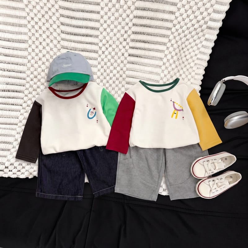 【BABY】ハッピー配色ブロック切替ラグラン長袖Tシャツ