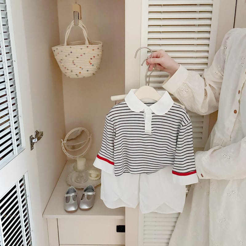 【BABY】バイカラーポロ襟ストライプ長袖Tシャツ