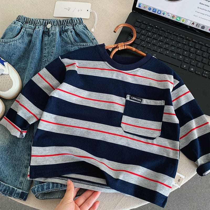 シナモンストライプポケット長袖Tシャツ