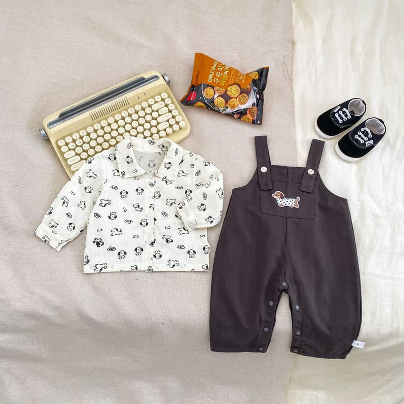 【セット】いぬ総柄シャツサロペットロンパースセット