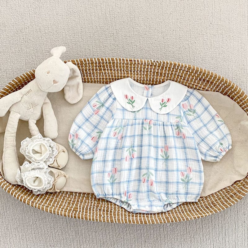 【BABY】パステルチューリップチェック丸襟ロンパース