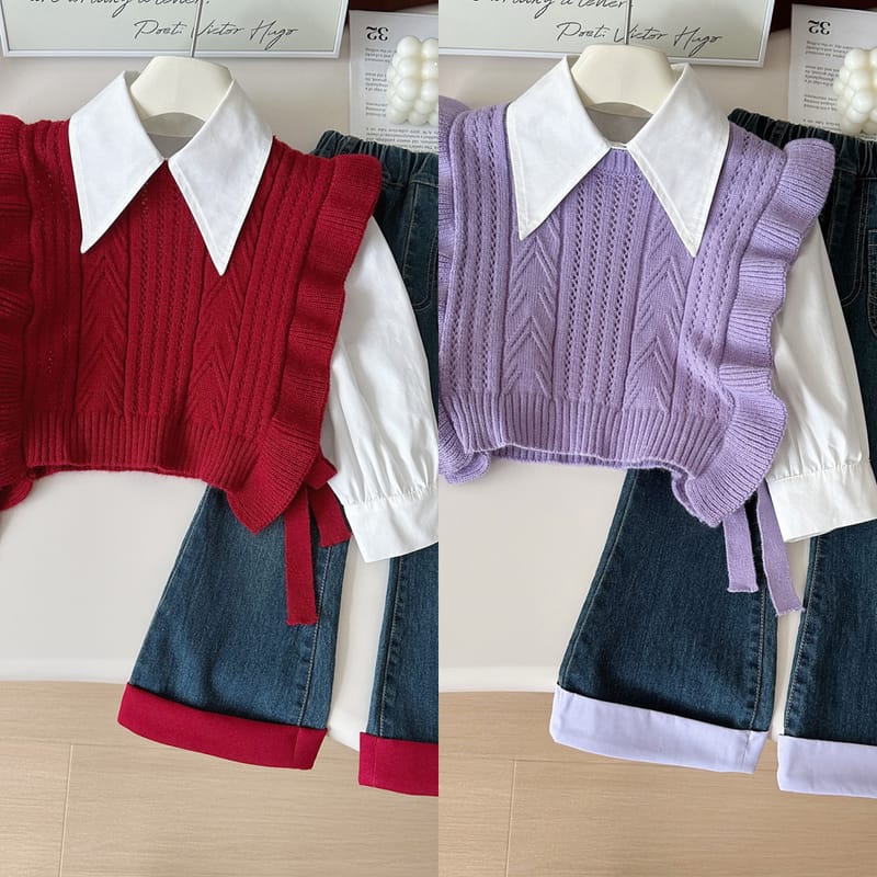 【セット】フリルニットベストシャツデニムパンツ3点セット