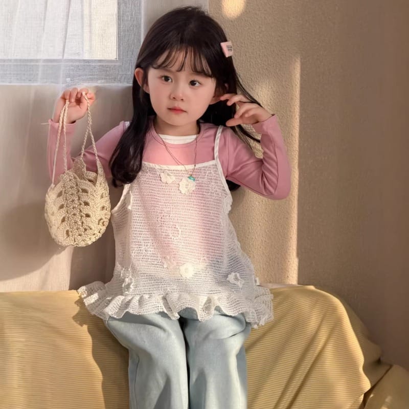 【セット】フラワーメッシュベスト長袖Tシャツデニムパンツ3点セット