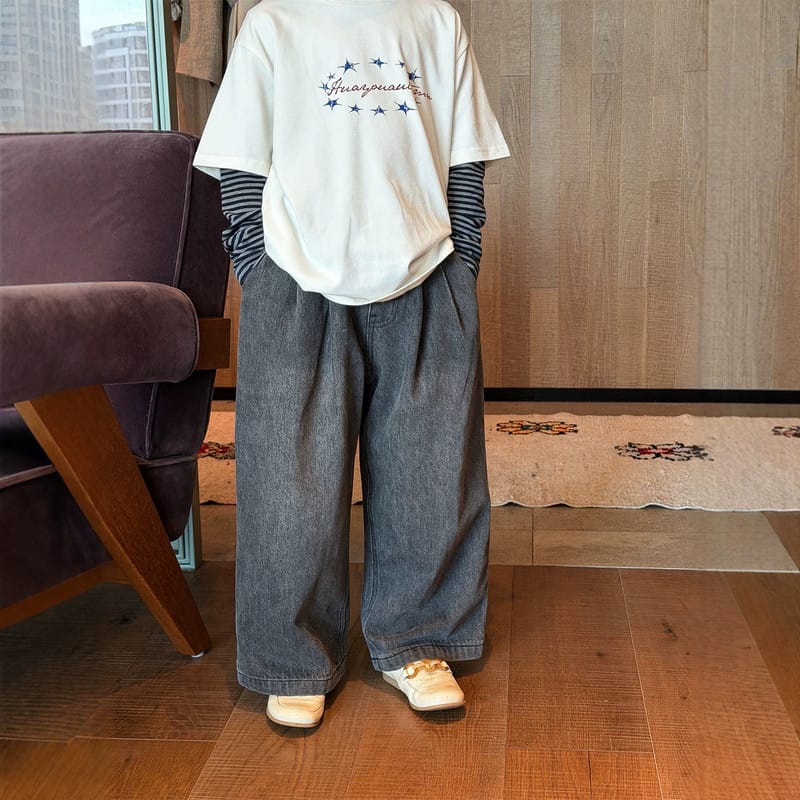 【KID】ラベルデザインウォッシュキッズストレートデニムパンツ