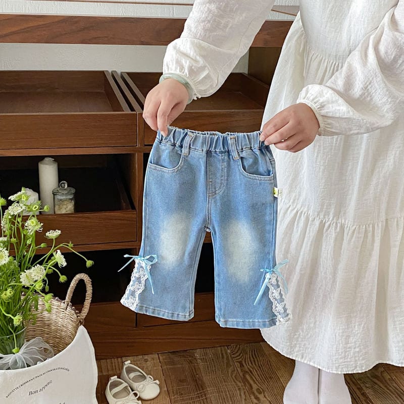 【BABY】女の子裾レースフリルデニムロングパンツ