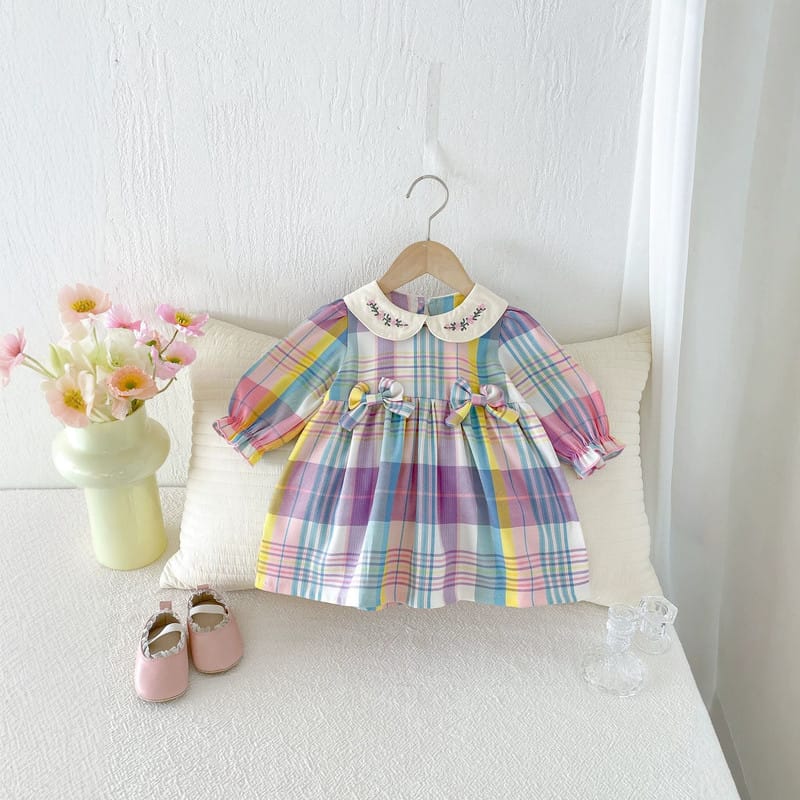 【BABY】ピンクチェック長袖プリンセスワンピース