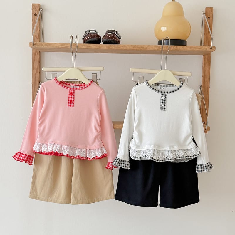 【KID】チェックフリル切り替え長袖クルーネックTシャツ