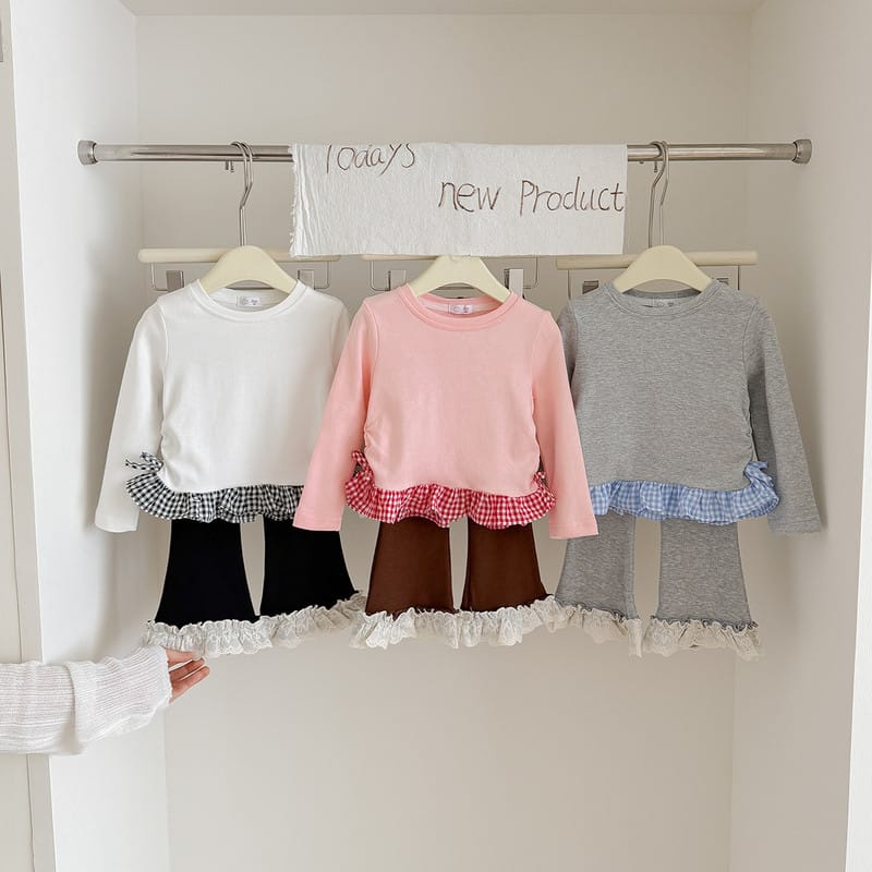 【KID】女の子チェック柄フリル切り替え長袖Tシャツ