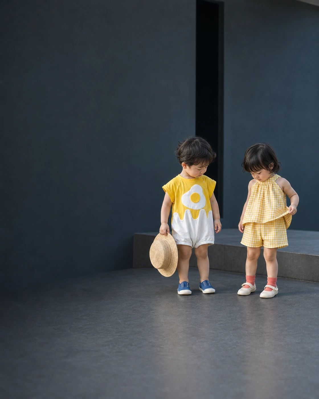 夏の軽やかな装いを楽しむベビーの男の子と女の子