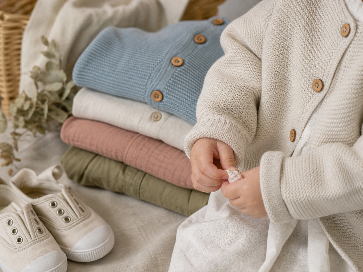 子ども服のニットとコットン素材のディテール