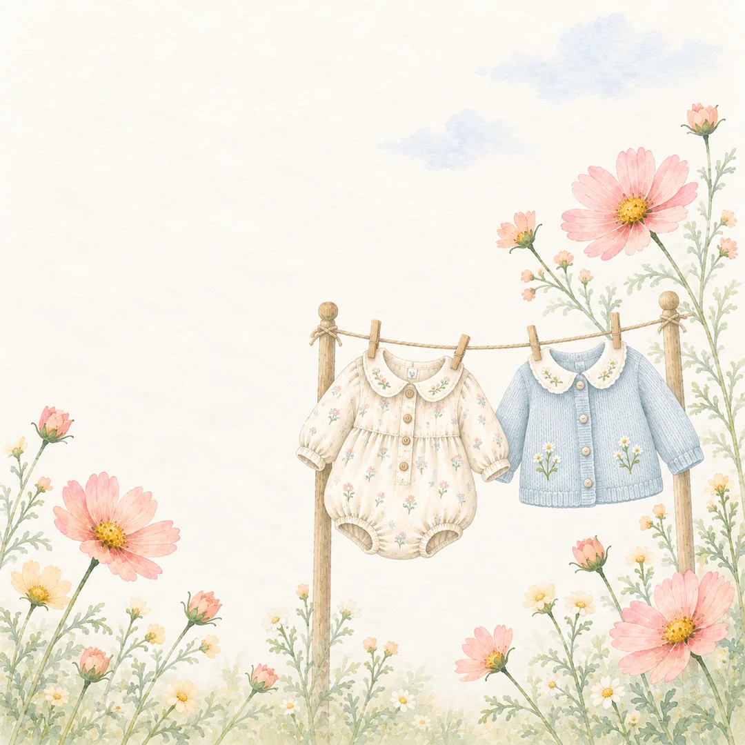 花の咲く庭に並ぶ、小さなベビー服の水彩イラスト