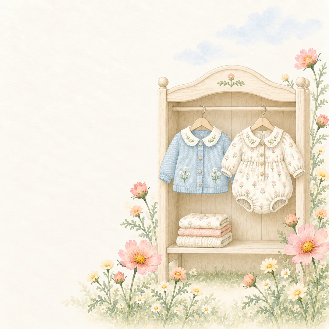 お気に入りのベビー服を並べた、小さなクローゼットの水彩イラスト