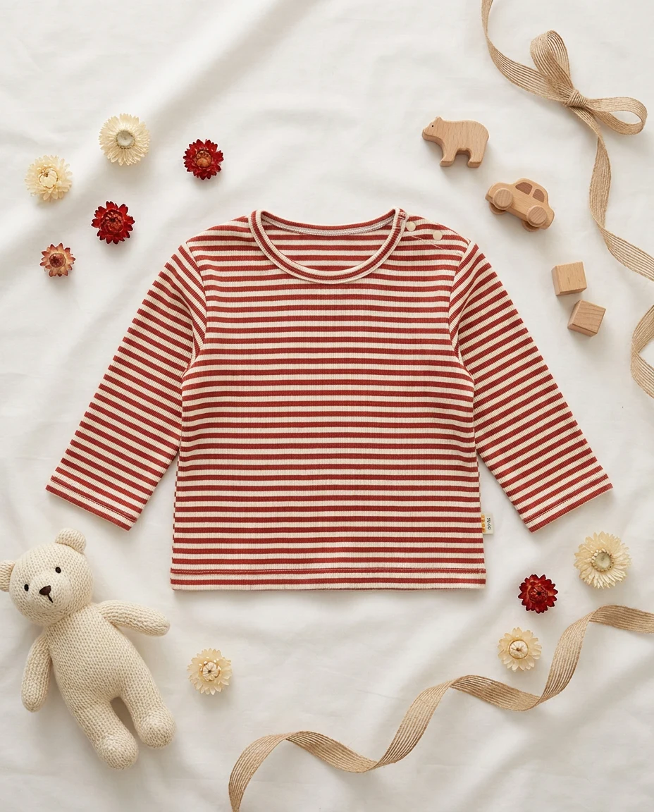 【BABY】レッドストライプ長袖ラウンドネックTシャツ