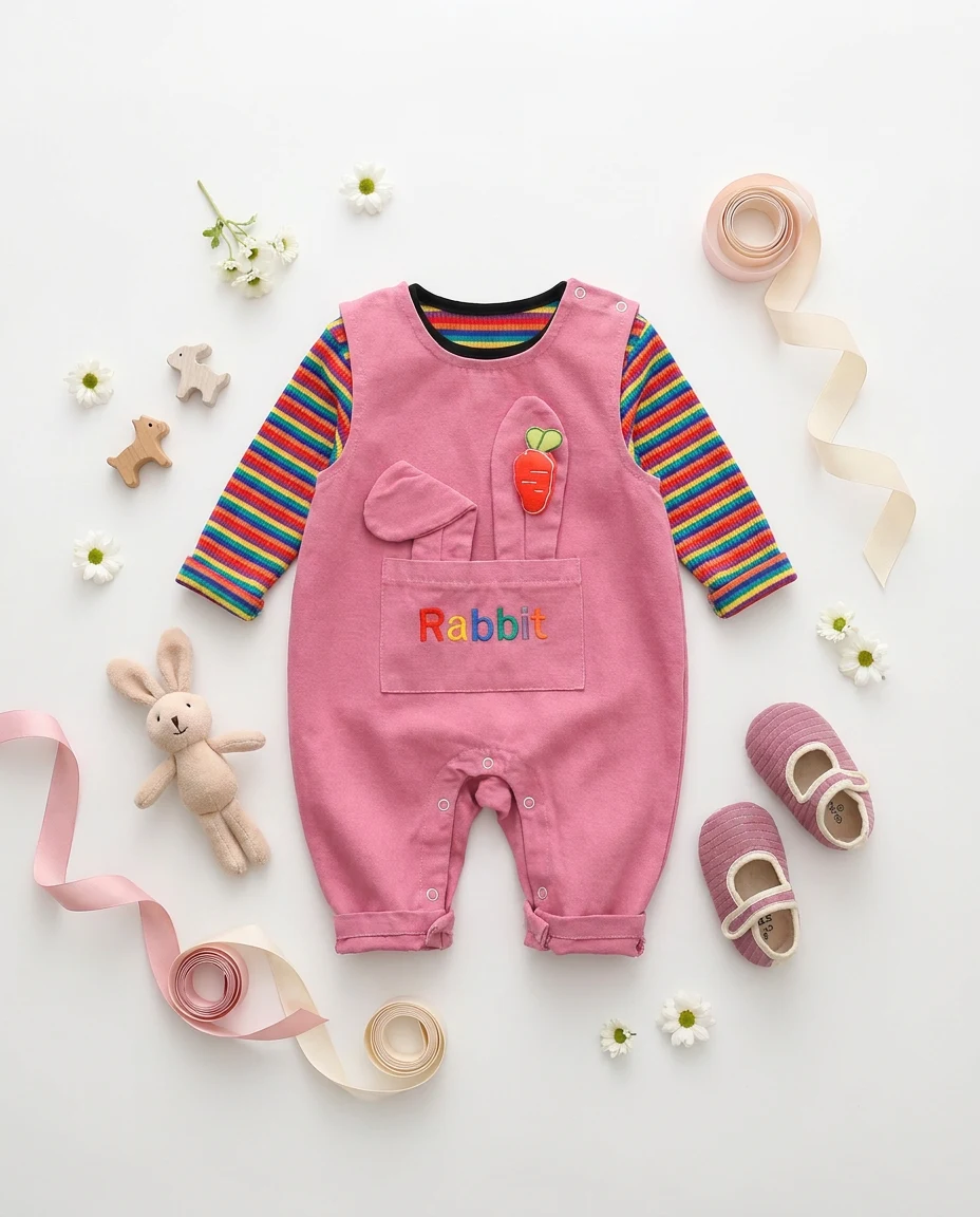 【BABY】レインボーうさぎ耳付きサロペットロンパース