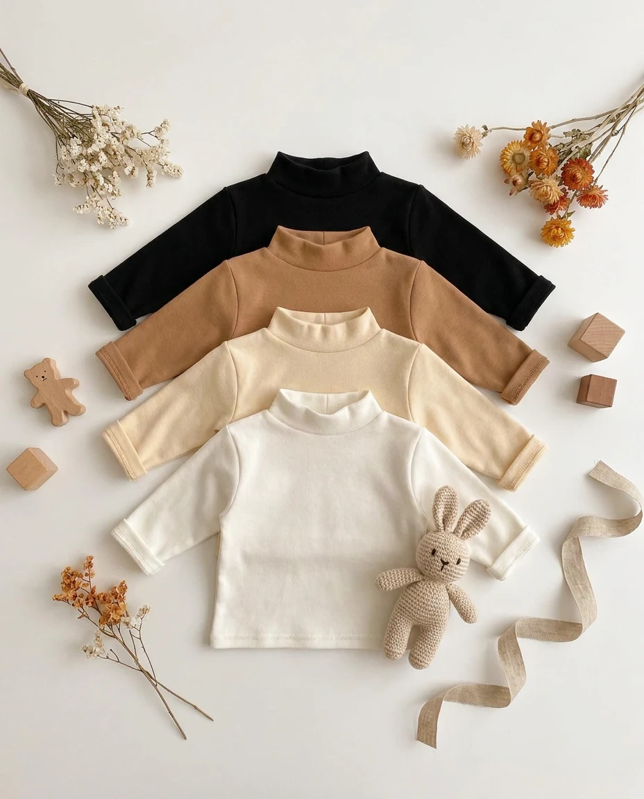 【BABY】デイリーハイネック無地長袖Tシャツトップス