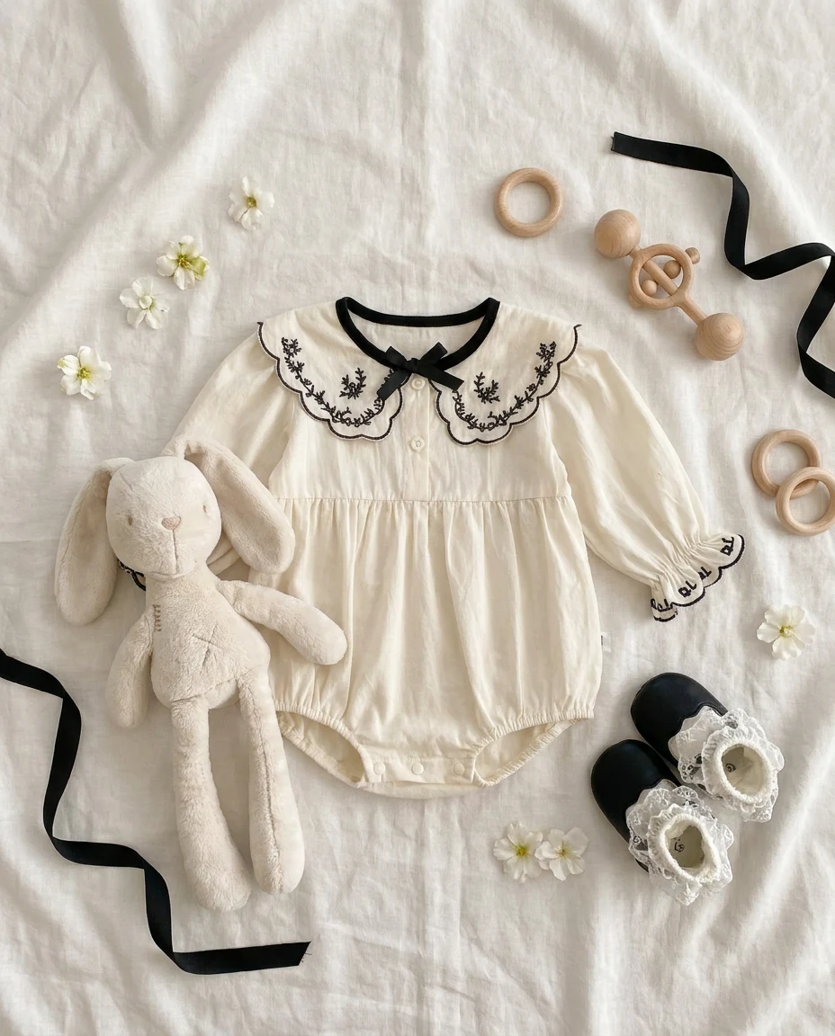 【BABY】フラワー刺繍丸襟リボン付き長袖ロンパース