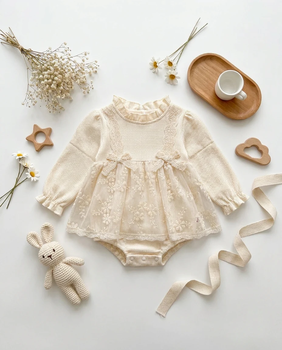 【BABY】リボンレースチュールワンピースロンパース