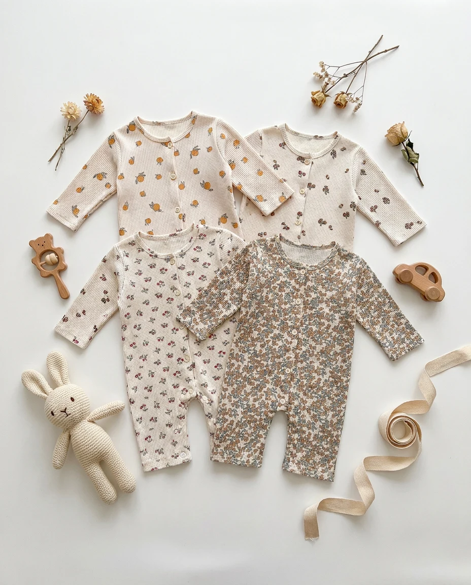 【BABY】小花フルーツ柄長袖ワッフルロンパース