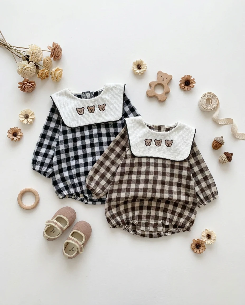 【BABY】くま刺繍ビッグカラーチェック長袖ロンパース