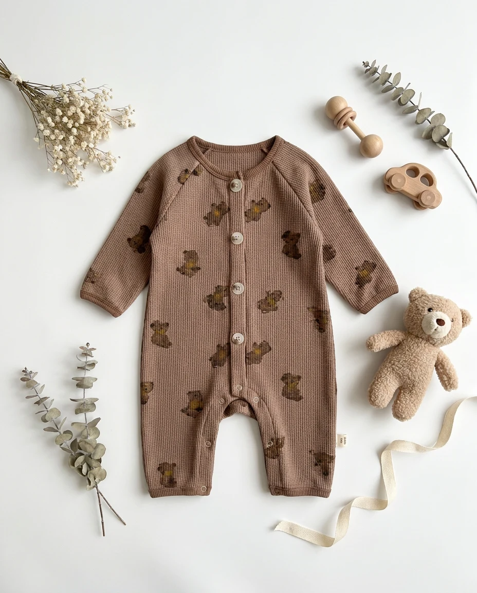 【BABY】くまワッフル前開き長袖ベビーロンパース