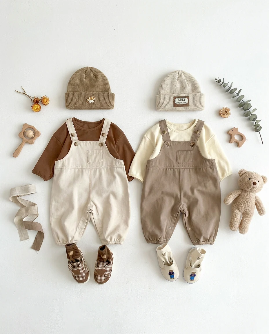 【BABY】シンプル無地ベビーサロペットロンパース