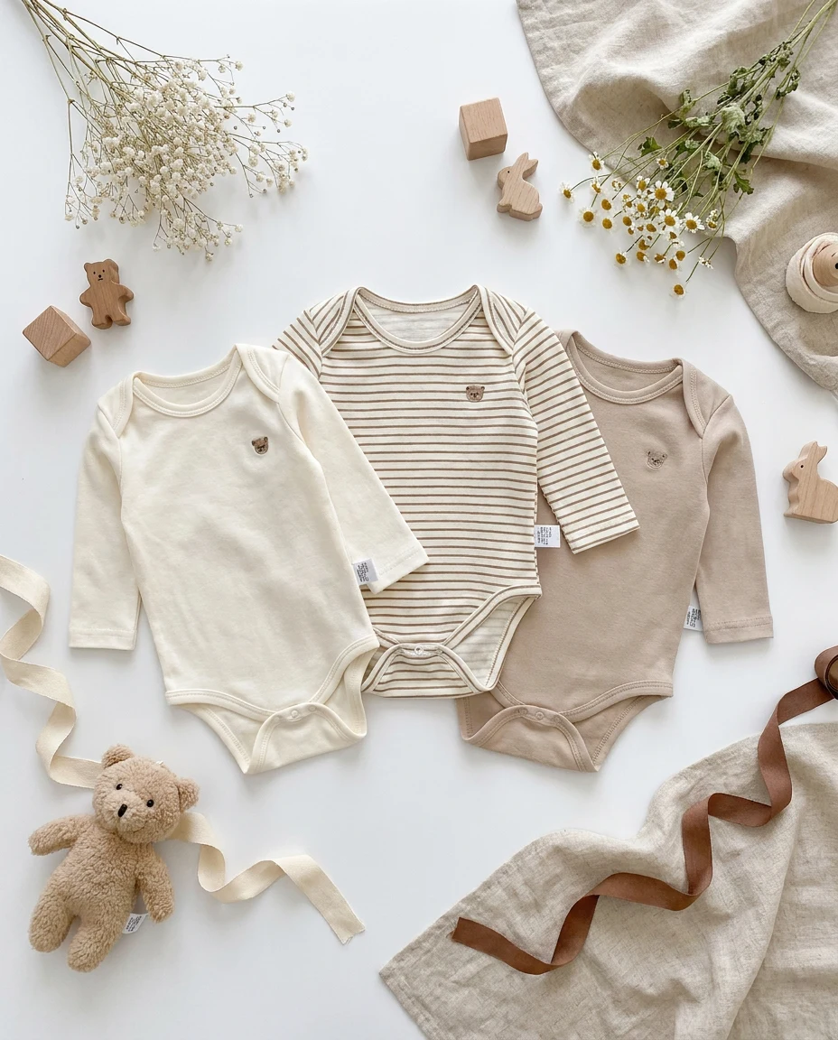【BABY】くまポイント入りシンプル長袖ロンパース