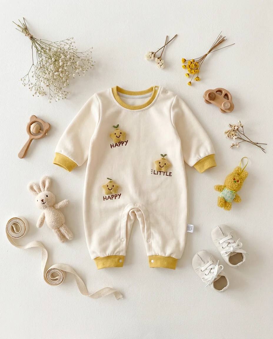 【BABY】立体星モチーフ配色切り替え長袖ロンパース
