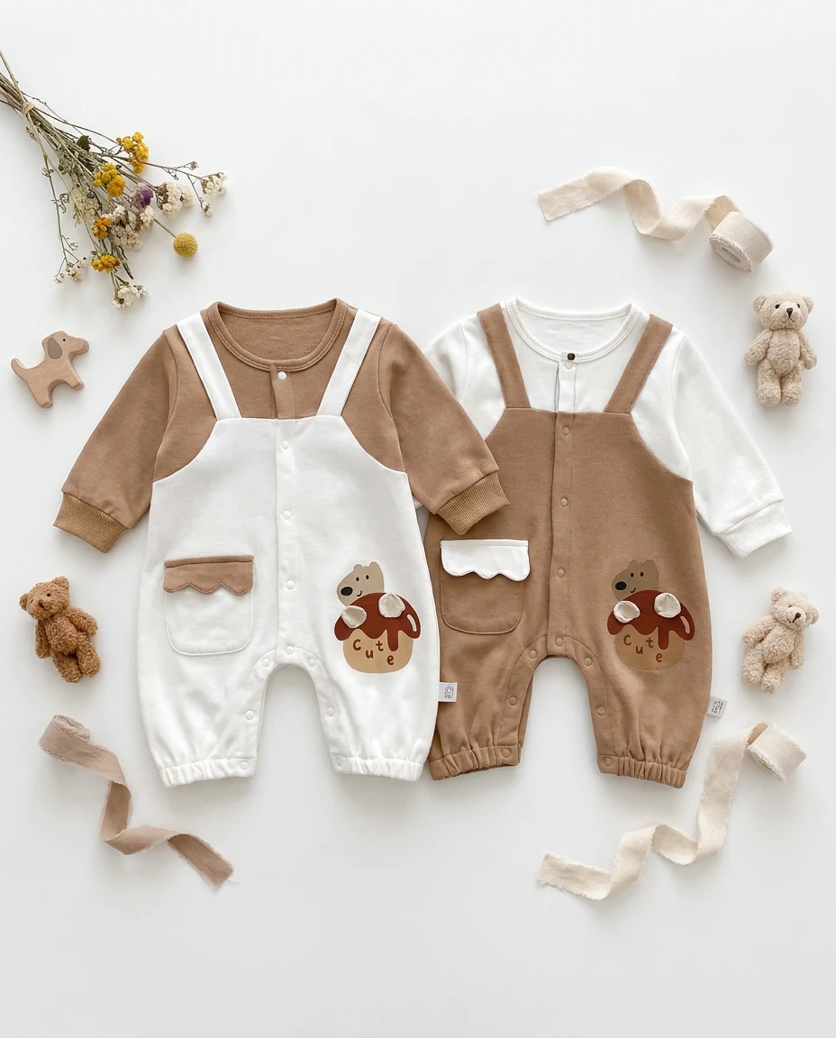 【BABY】キュートなくまサスペンダー風長袖ロンパース