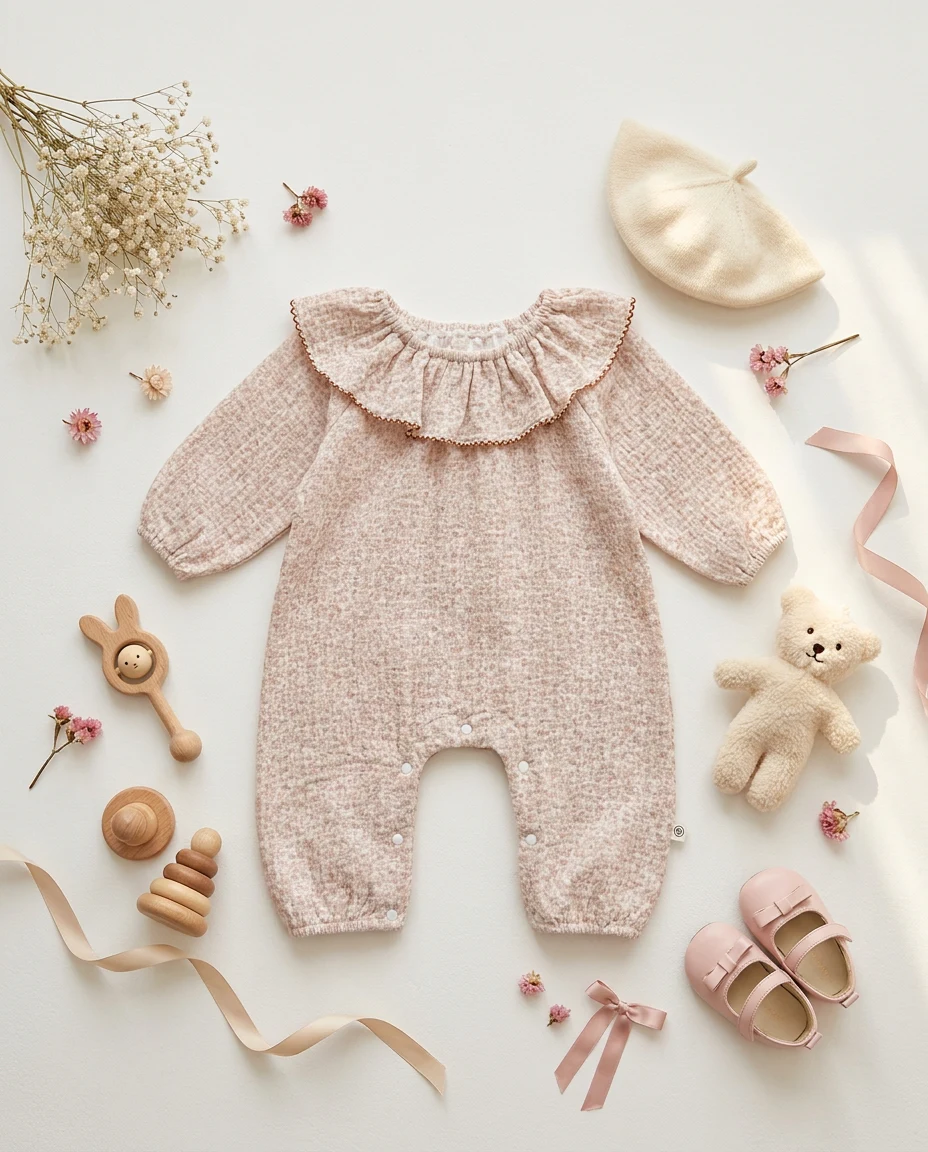【BABY】小花柄フラワーフリルカラー長袖ロンパース