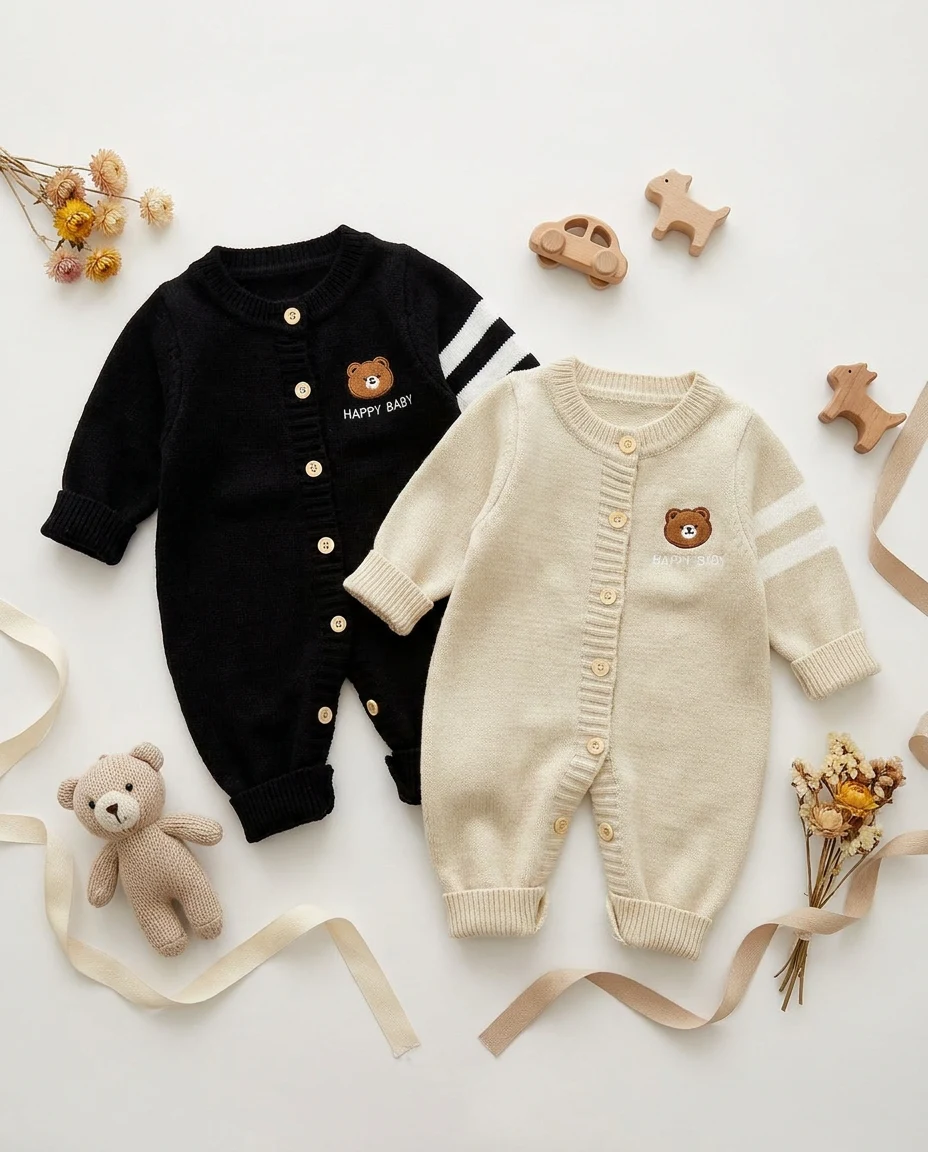 【BABY】ハッピーくまポイント長袖ニットロンパース